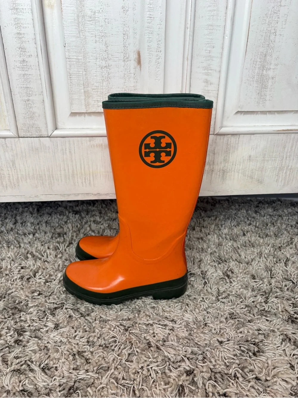 Tory Burch Orange Kids Rain Boots with Dark Green Trim